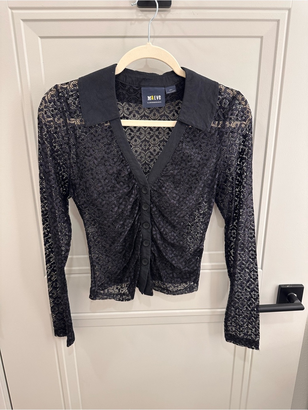 Anthropologie Black Sheer Lace Button-Up Collared Top
